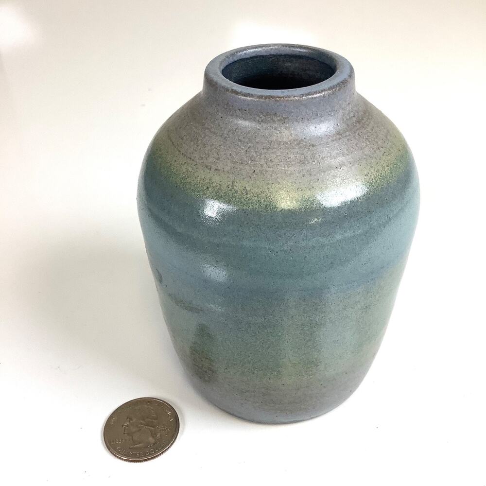 Vintage Art Pottery Stoneware Miniature Bud Vase Signed 4.25”H Blue Green